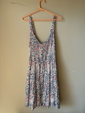 Sleeveless White Mini Dress with Blue and Red Floral Print